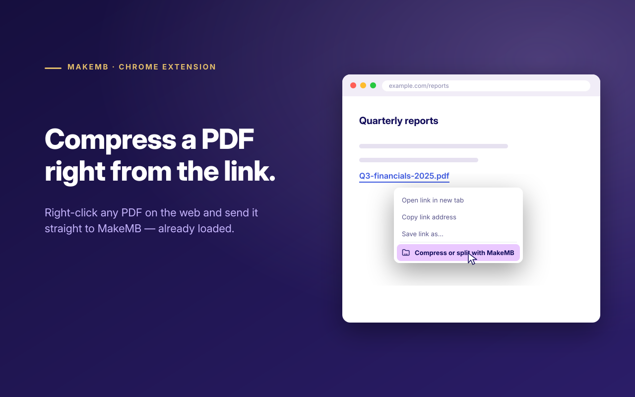 Screenshot: right-click a PDF link to compress it with MakeMB