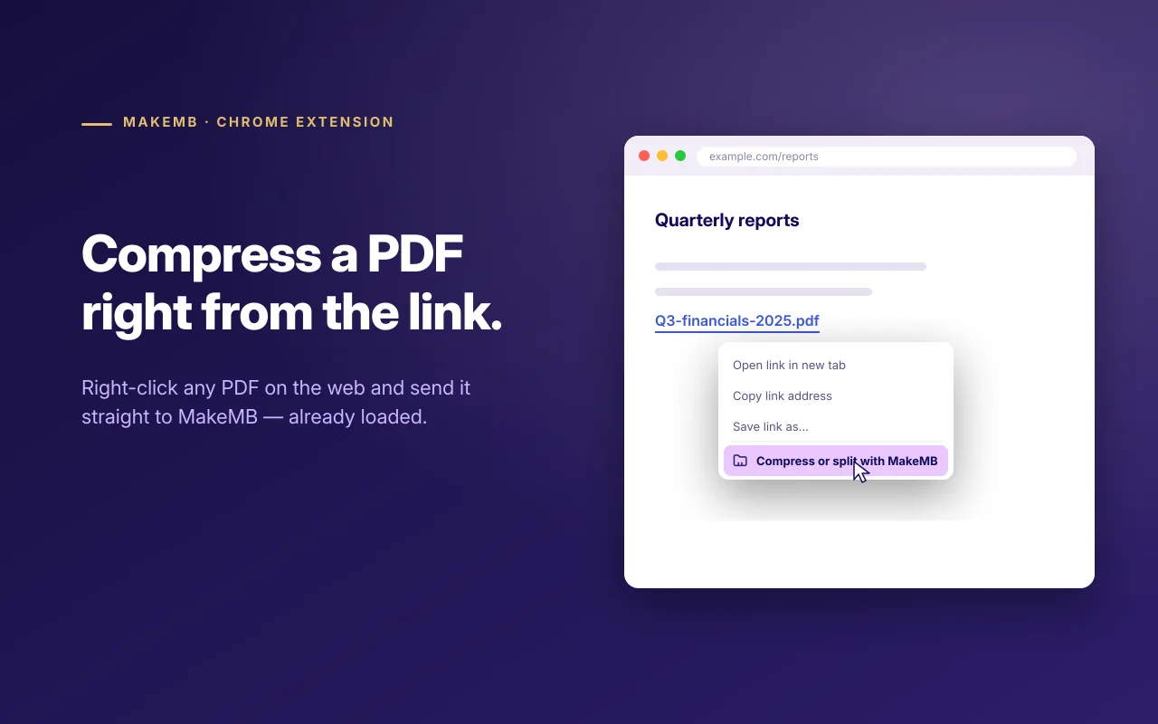 Screenshot: right-click a PDF link to compress it with MakeMB