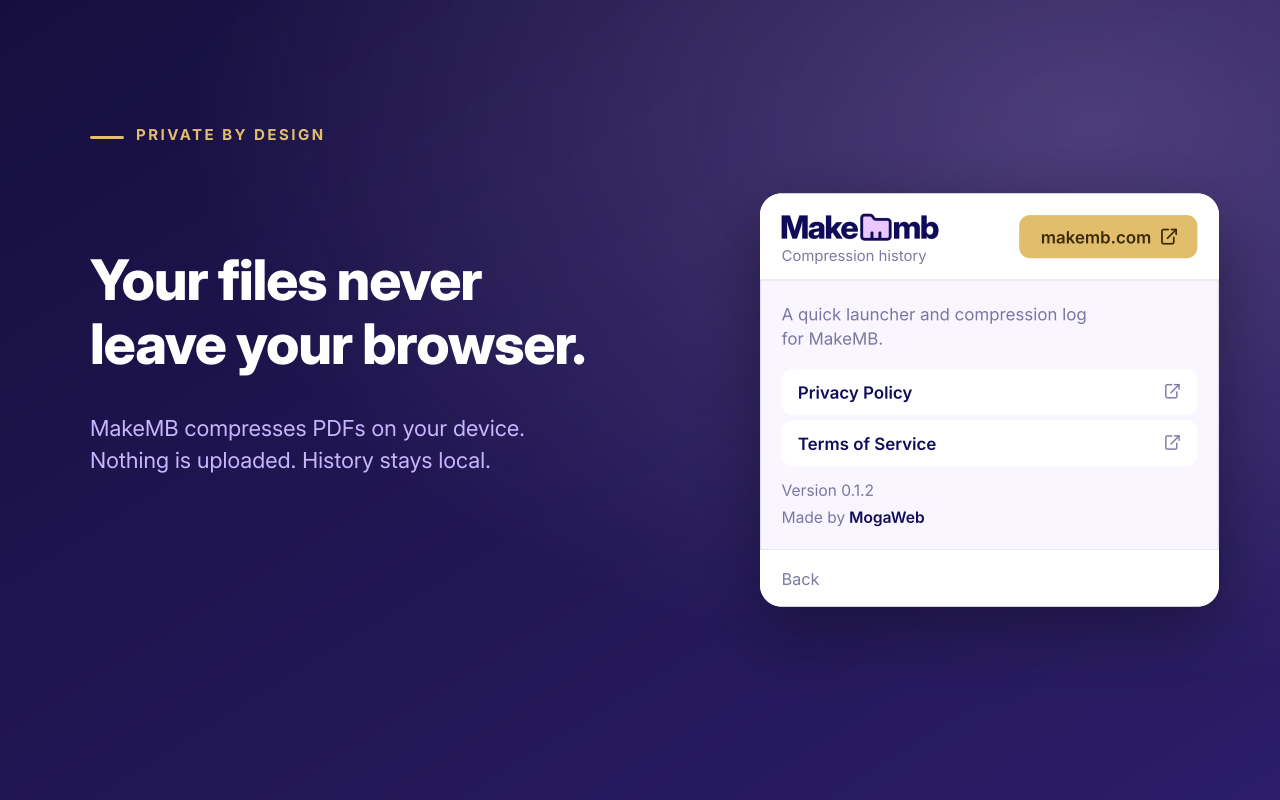 Screenshot: MakeMB extension privacy panel — files never leave your browser